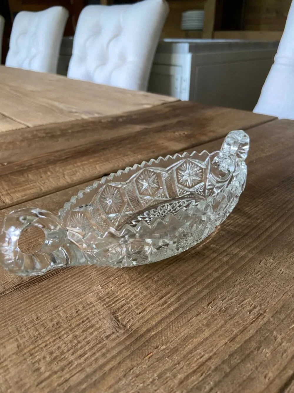 Vintage Cut Glass Canoe Boat Dish Starburst Pattern 6